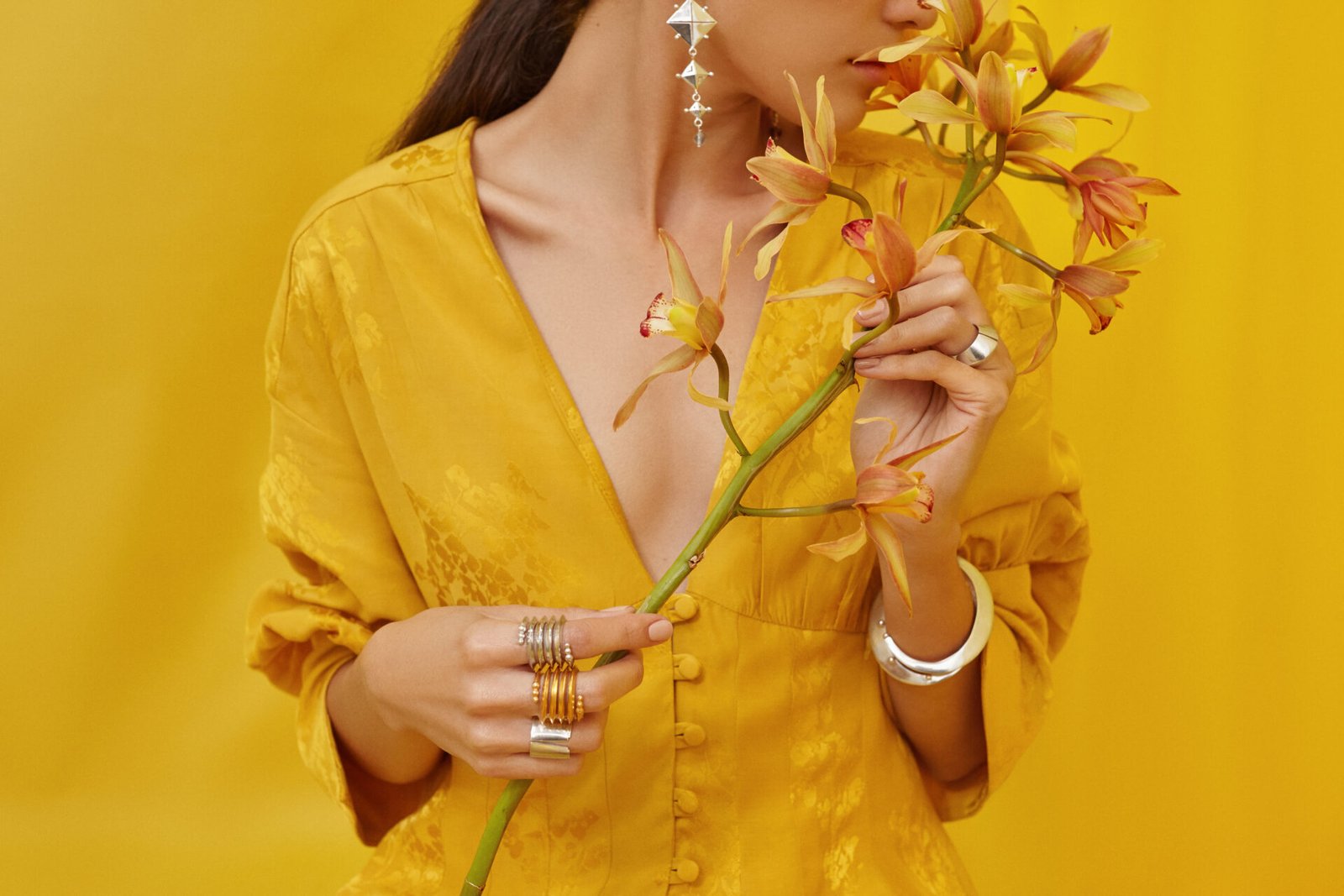 MODEL DRESSED IN YELLOW WITH BEAUTIFUL YELLO ORCHIDS WEARINGS RINGS, BRACELETS AND EARRINGS FROM AYSHA BILGRAMI'S COLLECTION NO.7