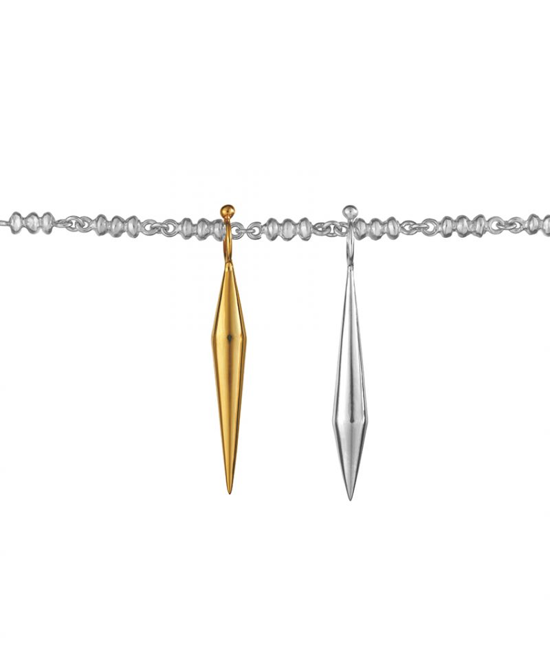 two conical silver and gold coniclal pendants hanging from a textured chain