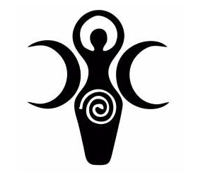 black and white moon goddes with a spiral in her womb and 2 crescent moons